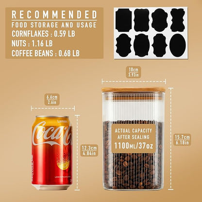 37oz Airtight Glass Square Storage Canisters with Bamboo Lids Set of 6 (1100ml) Striped Stackable Containers, Decorative Kitchen Jars for Tea, Nuts and Coffee (‎with Black Lable)