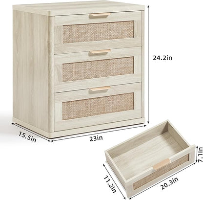 LEYAOYAO Boho Night Stands Set 2 with Storage, 23" Rattan Nightstand with 3 Drawers, Grey White Bed Side Table, Bedside End Tables for Bedroom, Living Room, Hallway