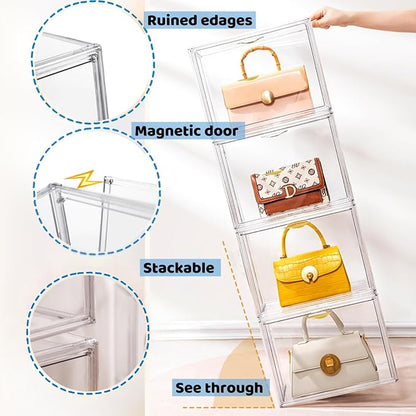 Attelite Clear Purse Organizer for Closet, Plastic Handbag Storage Organizer 4 Pack Clear Acrylic Display Case with Magnetic Door for Wallet, Book, Cosmetic, Clutch Organization