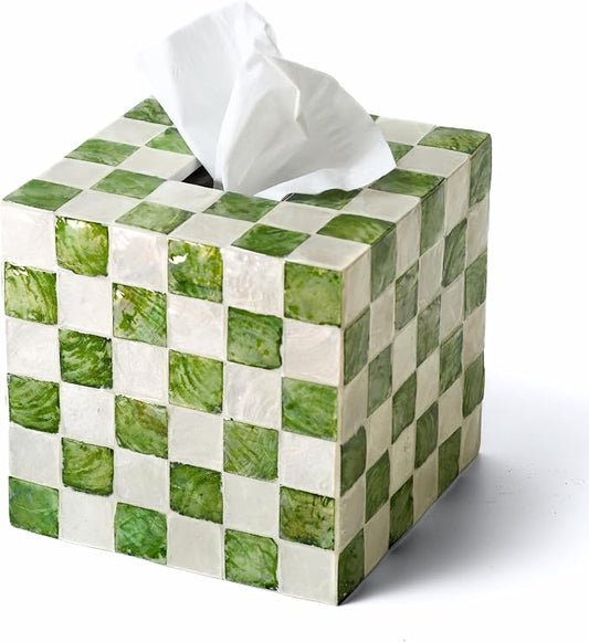 CHI AN HOME 5.5" Square Tissue Box Cover, Handmade Checkered Cube Tissue Box Cover with Capiz Shells, Decorative Tissue Holder for Living Room, Bathroom, Bedroom or Office (Pistachio Green)