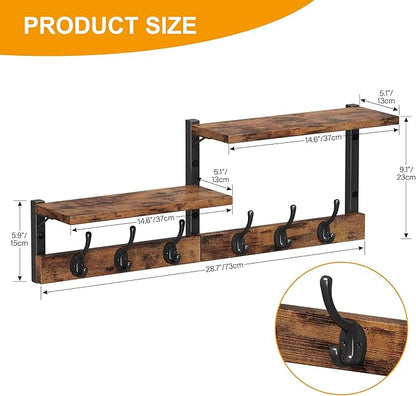 Homeiju 28.7" Coat Rack Wall Mount with Shelf, Key Hooks for Wall with Shelf, Coat Hooks Wall Mounted with 6 Heavy Duty Double Hooks for Bedroom,Living Room, Rustic Brown
