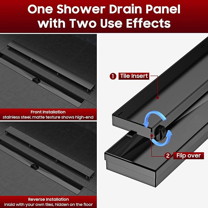 DLONE Linear Shower Drain | 28" AISI 304 Stainless Steel Linear Drain, Matte Black Shower Drain with Tile Insert Panel & Adjustable Feet, Long Rectangle Shower Floor Drain in Bathroom, Balcony, etc