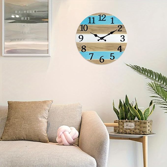 Solid Wood Wall Clocks Battery Operated 12 Inch Blue Rustic Wall Clocks for Living Room Decor Analog Farmhouse Wall Clock Non Ticking