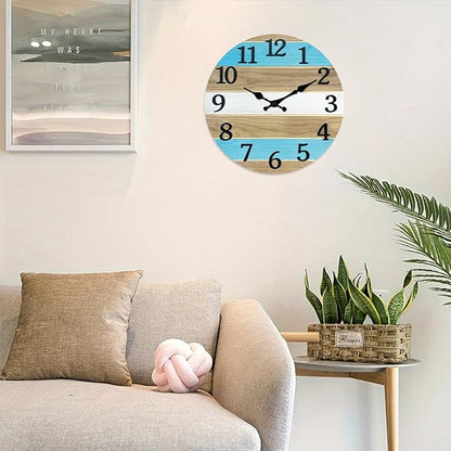 Solid Wood Wall Clocks Battery Operated 12 Inch Blue Rustic Wall Clocks for Living Room Decor Analog Farmhouse Wall Clock Non Ticking