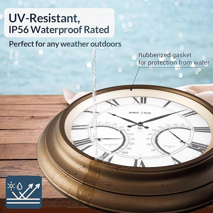 ANDY STAR 24 Inch Outdoor Clocks Waterproof,Large Outdoor Wall Clocks for Patio with Thermometer Combo, Silent Weatherproof Illuminated Metal Clock Battery Operated with Thermometer&Hygrometer, Bronze