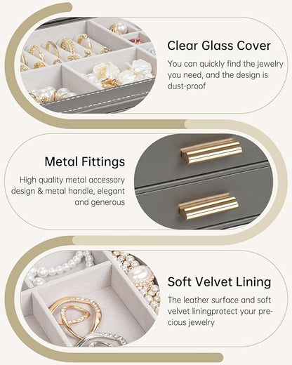 AKOZLIN Jewelry Box with Clear Lid Functional Leather Jewelry Storage Organizer Case 2 Drawers for Women Girls Necklace Ring Bracelet Earring