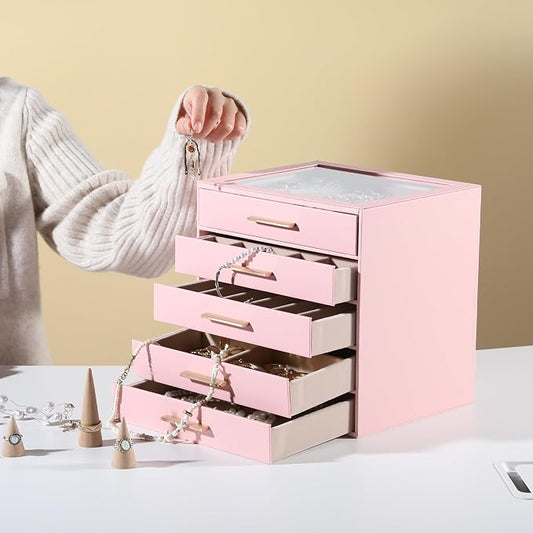 Frebeauty Clear Lid Jewelry Box,5-Layer Jewelry Organizer with Drawer,PU Leather Jewelry Organizers and Storage,Jewelry Boxes for Women,Jewelry Storage for Rings Earring Stud,Gift for Women(Pink)