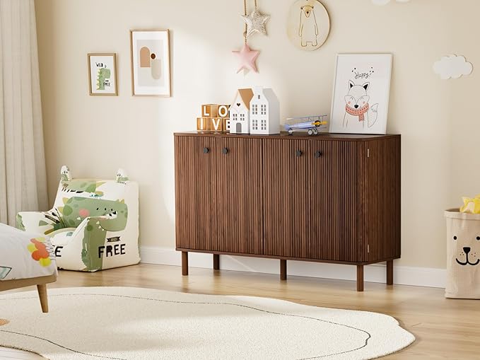 Fluted Sideboard Cabinet, Modern Buffet Cabinet, Storage Cabinet with Adjustable Shelves & Solid Wood Legs, Accent Credenza Sideboard for Kitchen, Coffee Bar, Living Room, Entryway, Hallway