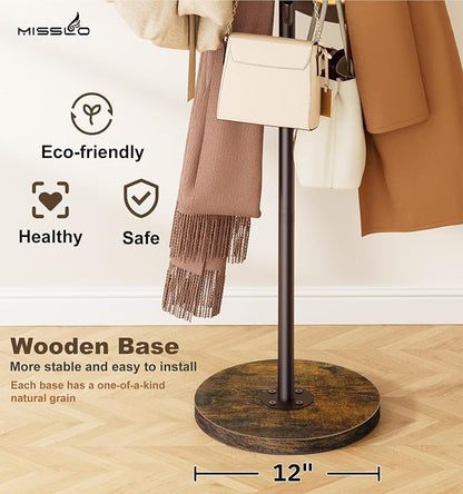 MISSLO Heavy Duty Coat Rack Freestanding with Stable Wood Base Modern Brown Coat Tree with 12 Hooks Adjustable Coats Hanger Stand Stylish Standing Clothes Tree for Entryway Bedroom Corner Hall