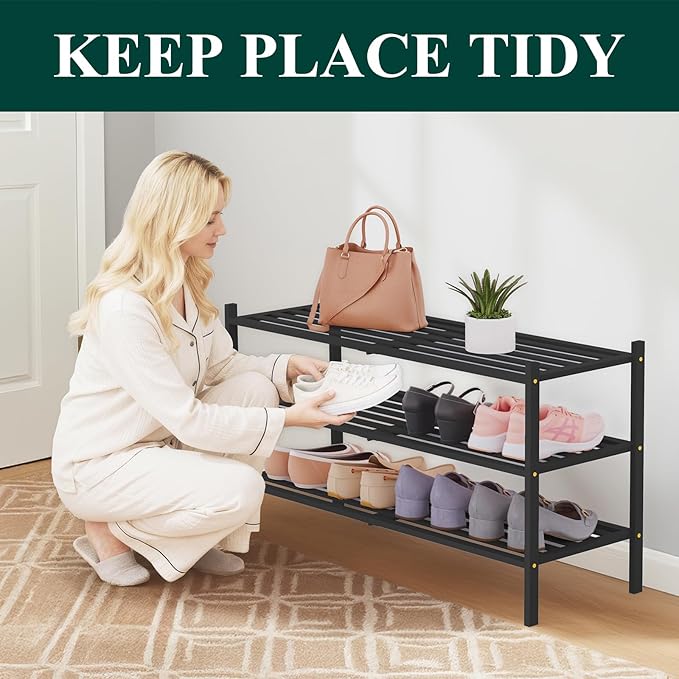 Smiry Long Bamboo Shoe Rack 3-Tier, Stackable Wooden Shoe Organizer for Entryway & Closet, Free Standing Wood Shoe Storage Shelf for Front Door & Small Spaces, Black