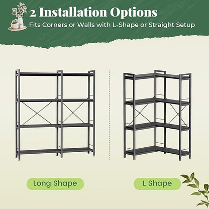 Huuger 4 Tier Bookshelf, L Shaped Corner Bookshelf with 8 Open Shelves, 49.4 Inch Straight Wide Bookcase with Metal Frame and Wooden Board, Adjustable Feet, Black
