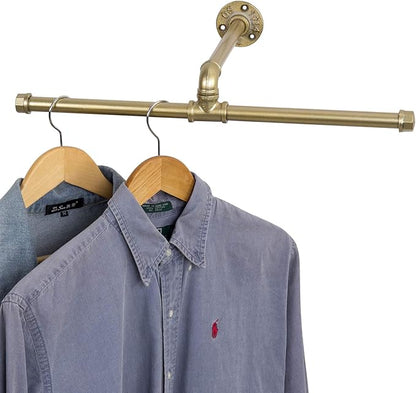 MyGift 20-inch Industrial Brass-Tone Metal Pipe Wall Mounted T-Bar Hanging Clothing Rack