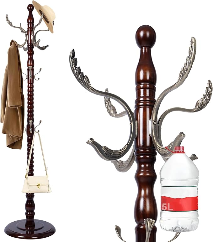 Wooden Coat rack freestanding, Coat racks stand with 14 Hook, Heavy duty coat tree standing 3 Adjustable Heights for Bedroom, Entryway, Hallway, Office,Stury Base (Metal Phoenix Hook)