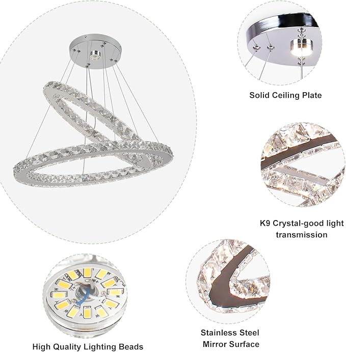 23.6'' Dimmable Oval Crystal Chandelier 2-Ring LED Pendant Island Light with Remote & App Control, 3-Color 2500K–6500K, Adjustable Height for Kitchen Dining Living Room Bedroom