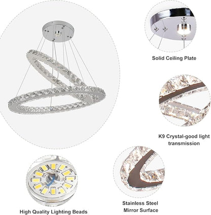 23.6'' Dimmable Oval Crystal Chandelier 2-Ring LED Pendant Island Light with Remote & App Control, 3-Color 2500K–6500K, Adjustable Height for Kitchen Dining Living Room Bedroom