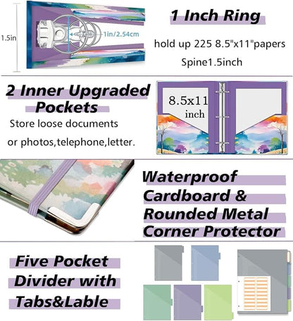3 Ring 1 Inch Binder Organizer, BVSSX Three Ring Binders with Clipboard, 5-Tabs Pockets Dividers, Plastic Folder, 18 Divider Stikers,Pen Loop (Rainbow Trail, Letter Size)
