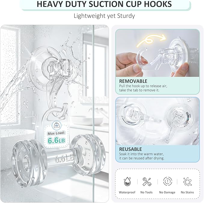 VIS'V Suction Cup Hooks, Small Shower Suction Hooks, Heavy Duty, Removable and Reusable, Clear, 6 Pcs