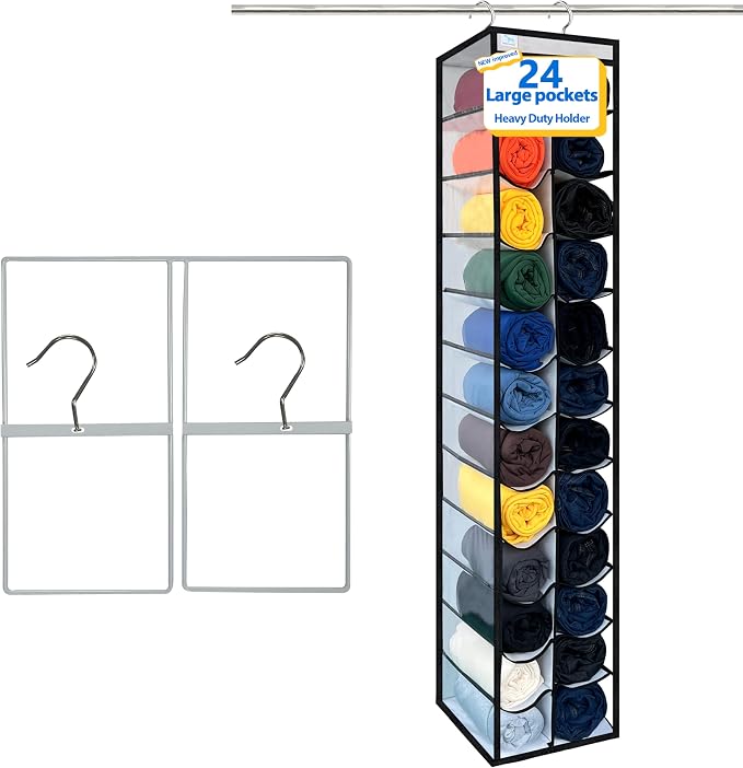 Legging Organizer for Closet Hanging, Legging Storage Bag Can Holds 24 Leggings Jeans or Shirts, Heavy Duty Metal Hooks for Over Door Storage, Wardrobe Clothes Storage - Black/White