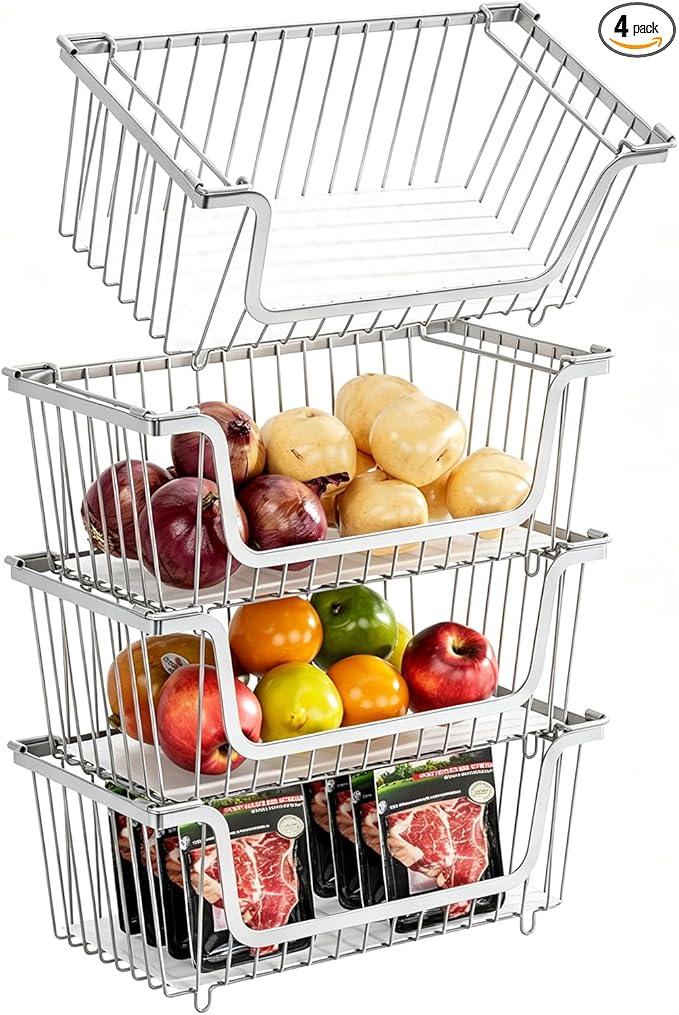 GAOKASE 4 Pcs Stackable Wire Baskets for Pantry Organizers and Storage,Vegetable Fruit Basket for Countertop,Kitchen Storage Metal Baskets,Produce Potato Onion Storage Bin,silver