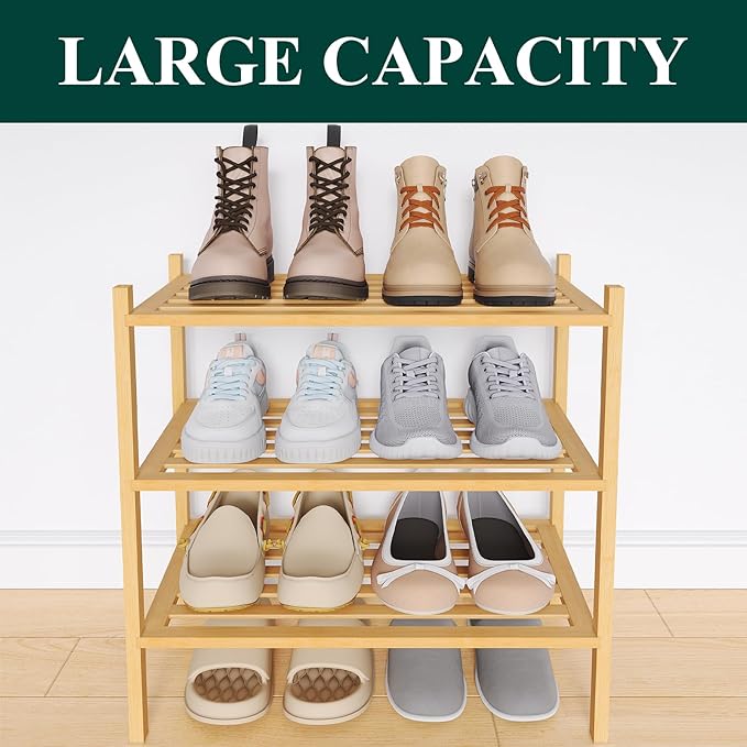 Smiry Small Bamboo Shoe Rack 3-Tier, Stackable Wooden Shoe Organizer for Entryway & Closet, Free Standing Wood Shoe Storage Shelf for Front Door & Small Spaces, Natural