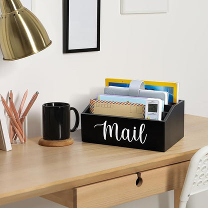 DRASTAR Mail Organizer Countertop, Mail Holder with 4 Slots, Wood Mail Sorter, Bill Organizer for Desk, Mail Storage Organizer for Home Office