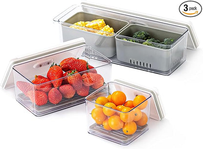 Lille Home The Stackable Produce Saver Set keeps fruits and vegetables fresh longer. With removable drain trays, these BPA-free bins are ideal for refrigerators, cabinets, and pantries