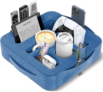 Couch Cup Holder Pillow, Sofa and Bed Caddy for iPad, Kindle, Switch, Game Controller, Remotes, Phones, Small-Sized Cup and Drink Holder for Couch, Bed, Desk, Car, Beach, Bathroom Cup Holder, Blue