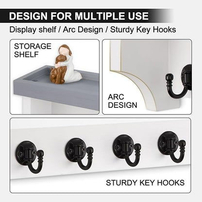 Key and Mail Holder Wall Mount, Key Holder with Shelf and Mail Organizer Wall Mount. Mail Holder with 5 Hooks for Coat, Dog Leash, Home Decor Rack, Entry Way Organizer (Gray & White)