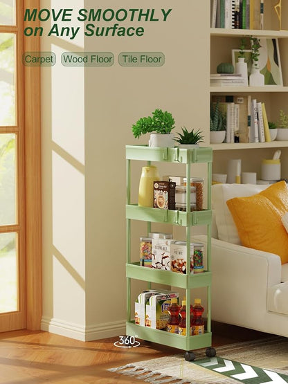 LEHOM 5.1" Slim Storage Cart - 4 Tiers Bathroom Organizer Mobile Shelving Unit Storage Rolling Utility Cart Slide Out Organizer for Kitchen Bathroom Laundry Narrow Places, Green