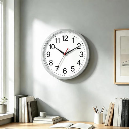 Rohioue Wall Clock Modern 10 Inch Battery Operated Silent Non Ticking Analog Clock Decorative for Bedroom Kitchen Bathroom Office Home Living Room (Silver)