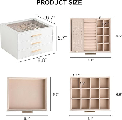 Frebeauty Clear Lid Jewelry Box,3-Layer Jewelry Organizer with Drawer,PU Leather Jewelry Organizers and Storage,Jewelry Boxes for Women,Jewelry Storage for Rings Earring Stud,Gift for Women(White)