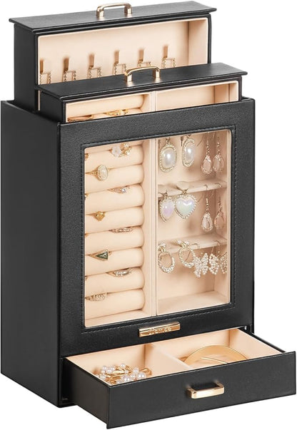 Homde Mothers Day Gifts Jewelry Organizer Box for Women Girls Necklaces Rings Earrings Bracelets Storage Case (Black + Gold)
