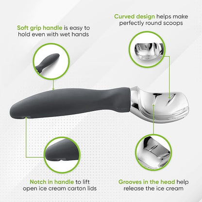 Spring Chef Gray Heavy Duty Ice Cream Scoop with Comfortable Soft Grip Handle, Dishwasher Safe Ice Cream Scooper, Professional Metal Kitchen Tool for Frozen Yogurt, Gelato, Sorbet, Sundae, Melon