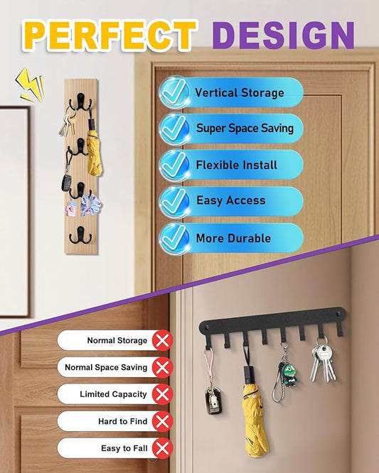 UCEC Wooden Key Holder Wall Mount with Hooks, Vertical Key Holder for Wall Organizer for Keys, Wallets, Mail – Space-Saving Key Rack Wall Mount for Entryway, Living Room, or Garage – Natural Wood