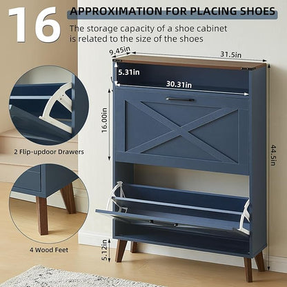 Shoe Storage Cabinet with 2 Flip Drawers, Farmhouse Shoe Organizer for Entryways, Narrow Hidden Rack & Open Storage, Free Standing Closet for Foyers, Hallways, Navy Blue