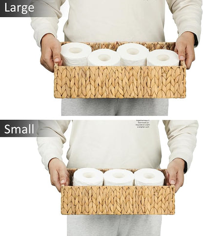 Nesting Small Wicker Basket, Water Hyacinth Toilet Paper Baskets Bathroom Organizer Woven Long Narrow Baskets for Organizing Pantry Bathroom Toilet Tank, 2 Pack