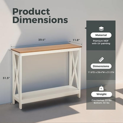 MAISON ARTS Console Table 39.4'', 2-Tier Narrow Sofa Table Behind Couch, Farmhouse Entryway Table with Storage for Living Room, Entrance and Hallway, Easy Assembly, Ivory White