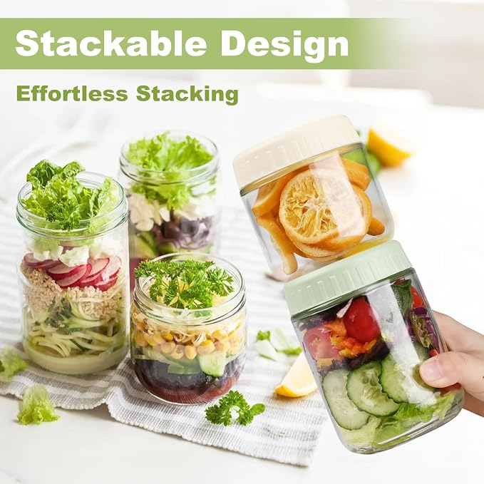 SHOWIN Overnight Oats Containers with Lids, 10oz Glass Jars with Lids 2 pcs, Light Blue, Wide Mouth Mason jars for Salad, Yogurt, Snacks, Meal Prep