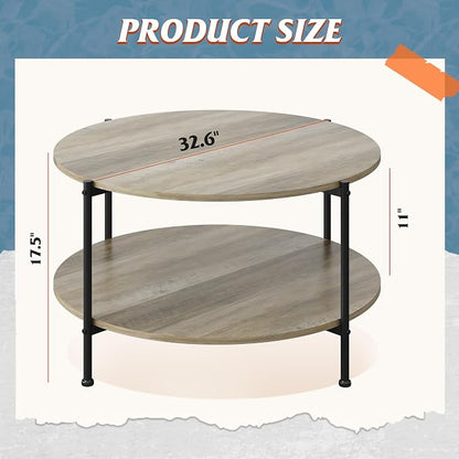 WLIVE Round Coffee Table, 32.6" Small Coffee Table with Storage Shelf, 2-Tier Circle Wood Center Table for Living Room, Apartment, Rustic Brown (Grey, 32.6" D x 32.6" W x 17.5" H)