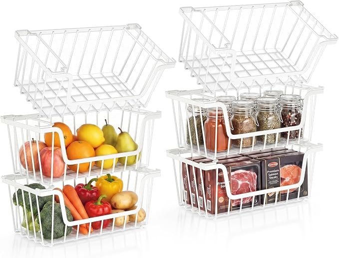 SUNALLY Stackable Storage Bins 6 Pcs Wire Baskets for Pantry Organizers and Storage, Vegetable Fruit Storage Basket for Countertop Organizer,Kitchen Storage Baskets for Onion Potato Snack,White