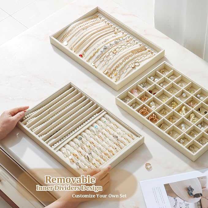 Large Velvet Jewelry Tray 2 Pack Stackable Jewelry Display Drawer Inserts Trays Organizer for Earring Bracelet Necklace Ring (Beige, Ring and 9 Grids)