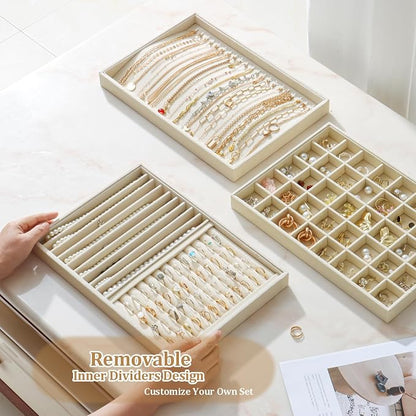 Large Velvet Jewelry Tray 2 Pack Stackable Jewelry Display Drawer Inserts Trays Organizer for Earring Bracelet Necklace Ring (Beige, Ring and 9 Grids)