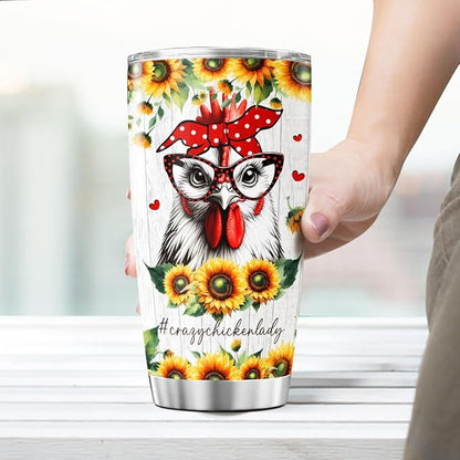 Crazy Chicken Lady Gift for Women, Funny Sunflower Chicken Cup 20oz Stainless Steel Insulated Tumbler, Rustic Farm Style Travel Mug for Chicken Lovers, Backyard Farmers, Mom or Wife