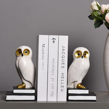 Kakizzy Book Ends for Shelves, Owl Decorative Bookends Bronze Bird Book Stopper Unique Kids Book Holders with Anti-Slip Base Luxurious Bookends for Kids Rooms Office Home Decor(White)