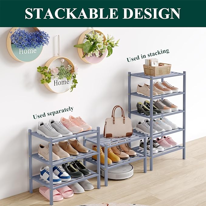 Smiry Small Bamboo Shoe Rack 3-Tier, Stackable Wooden Shoe Organizer for Entryway & Closet, Free Standing Wood Shoe Storage Shelf for Front Door & Small Spaces, Grey