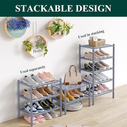 Smiry Small Bamboo Shoe Rack 3-Tier, Stackable Wooden Shoe Organizer for Entryway & Closet, Free Standing Wood Shoe Storage Shelf for Front Door & Small Spaces, Grey