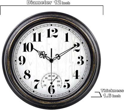 zyzamay 12 Inch Indoor Outdoor Clocks,Waterproof Wall Clock with Thermometer,Easy to Read,Non-Ticking Battery Operated Quality Quartz Clock, Decorative for Patio,Porch,Pool,Bathroom(BlackGold)