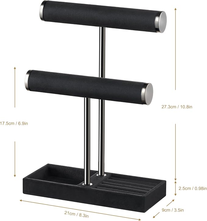 bussdis 2 Tier Bracelet Holder Display - Detachable T Bar Black Velvet Bracelet Holder, Jewelry Holder Organizer for Bracelet, Necklace, Earrings, Rings