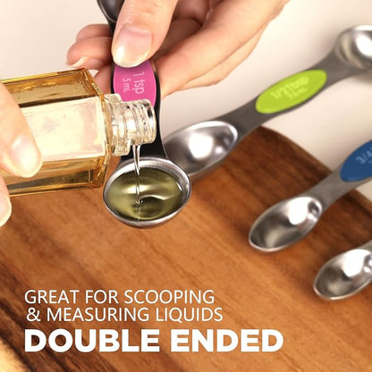 ChefAide Pack of 8 Stainless Steel Magnetic Measuring Spoons Set, Dual Sided, Stackable, Adjustable Teaspoon and Tablespoon Measure Spoon with Leveler, Kitchen Gadgets
