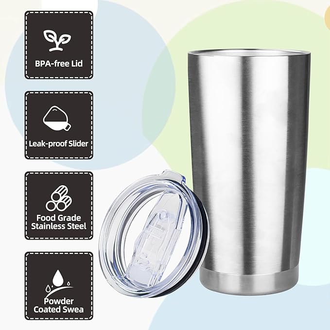 20oz Tumbler with Lid Stainless Steel Insulated Tumblers Travel Coffee Tumbler Bulk Double Wall Vacuum Insulated Water Cup Christmas Gifts for Women Men Her Him Home Office (Silver, 1pack)